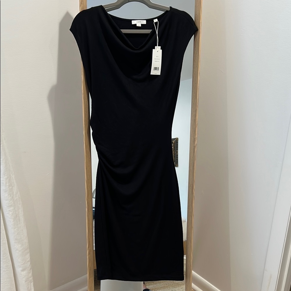 NWT Vince Black Dress Side Ruched Midi Short Sleeved